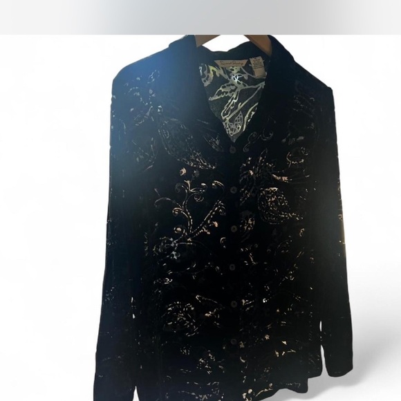 Black Burn Out Floral Velvet Button-up Blouse Silk-blend Long-sleeved XL - Picture 2 of 7